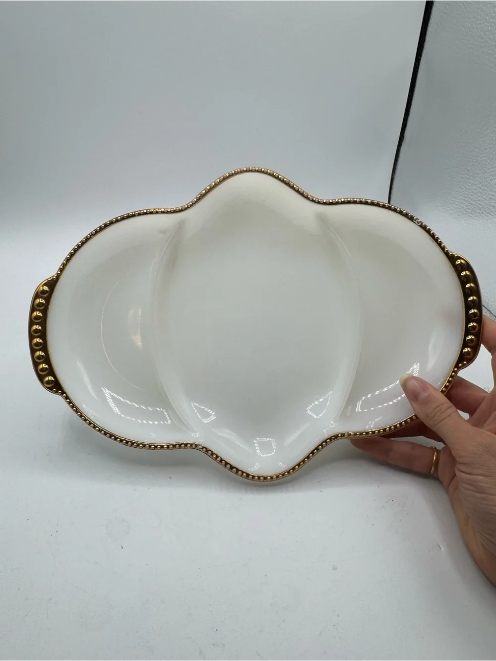 Vintage Anchor Hocking Fire King Milk Glass Divided Relish Dish Tray Gold Trim